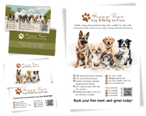 Image depicting flyers and business cards for local dog walking, pet sitting, dog grooming and pet business marketing