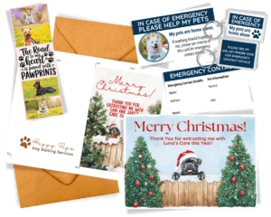 Image depicting printable dog walker, pet photographer, dog treat business, and other pet care client holiday gifts