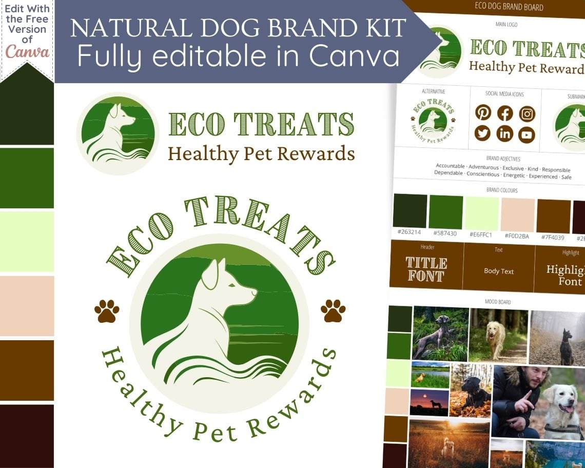 Image of a brand board featureing a Eco Dog Logo & Branding Kit for Sustainable Pet Businesses